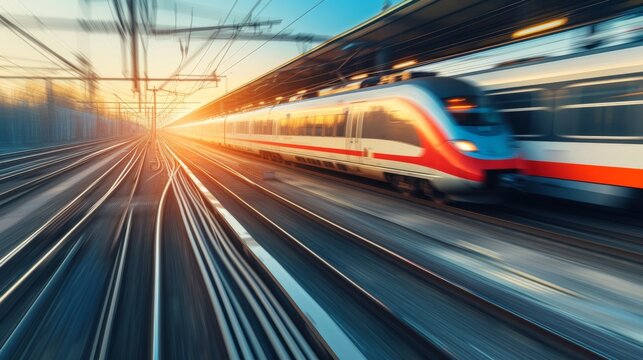 High speed train move motion on railway locomotive passenger. Adventure business vibe.