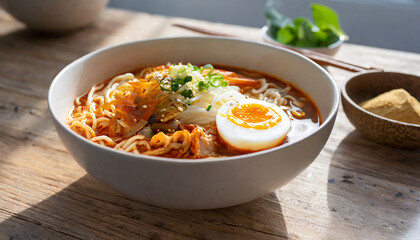 Bowl of spicy Korean ramen with noodles and egg on wooden table. Tasty dish. Traditional Asian food.