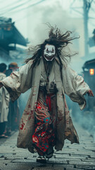 Fototapeta premium Man dances eerily in Japanese village, mask and kimono.generative ai