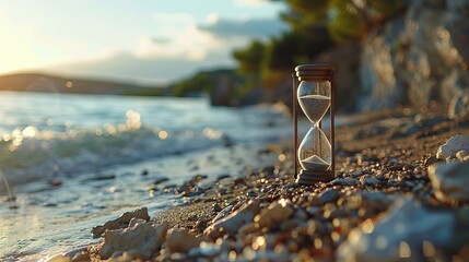 Hourglass in the dawn time. Sand passing through the glass bulbs of an hourglass measuring the passing time as it counts down to a deadline or closure on a sunset. AI generated illustration - obrazy, fototapety, plakaty
