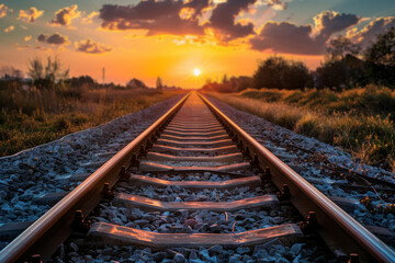 Obraz premium A railway track stretches into the distance as the sun sets in the background, casting a warm glow over the scene.