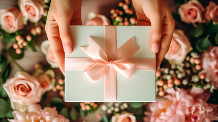 female hands holding a box with a gift on a floral background. A gift for mother's day or birthday.