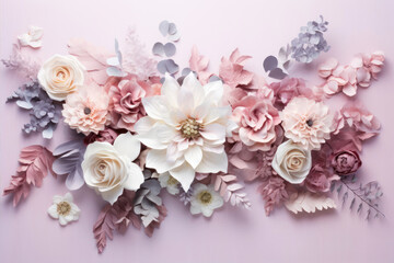 Paper flowers on pink background. Flat lay, top view, copy space