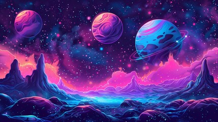 Obraz na płótnie Canvas A vibrant digital illustration depicts neon-colored planets hovering above a surreal, alien landscape under a star-filled sky.