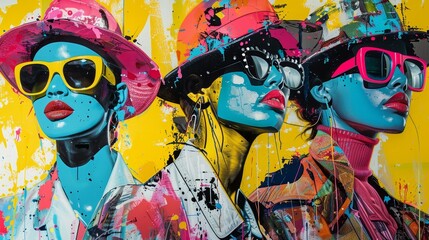 Three pop art-inspired fashion models feature prominently with striking makeup, colorful hats, and bold sunglasses against a vibrant painted backdrop.