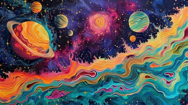This artwork captures a cosmic journey with vibrant, psychedelic colors depicting planets, stars, and flowing astral patterns.