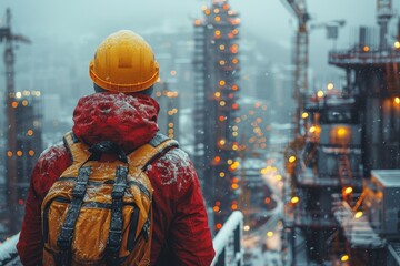 A construction worker in a yellow helmet stands against a snowy, urban backdrop, reflecting perseverance and urban development
