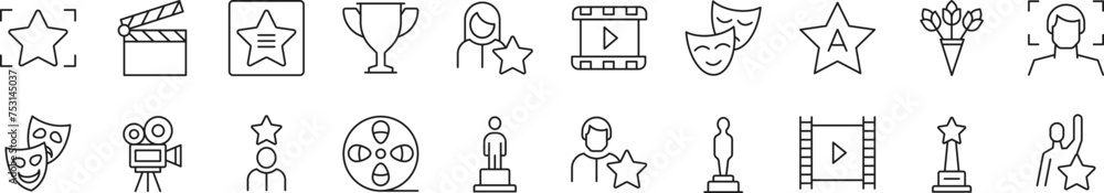Poster collection of thin line icons of actor. editable stroke. simple linear illustration for web sites, n