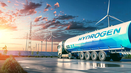 Hydrogen Fuel Transport Truck Driving Past Renewable Energy Sources
