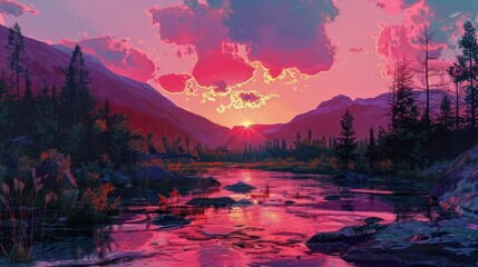A stunning pink sunset casts a reflective glow over a serene mountain river landscape, embodying peace and natural beauty.