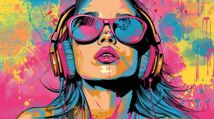 This pop art masterpiece features a woman enjoying music through headphones against a graffiti-style backdrop full of vibrant splashes.