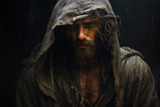 Portrait of a man with a hood on his head in the rain