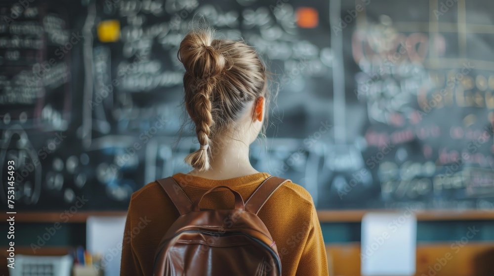 Poster back view of a student with a braid and backpack facing a complex blackboard in a math classroom.
