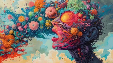 A surreal and colorful fusion of human and marine life, where vibrant coral reef elements burst forth from a human profile in an explosion of color and detail.