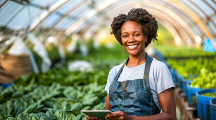 Smiling African-American Woman Analyzing Greenhouse Crops with Digital Tablet - obrazy, fototapety, plakaty
