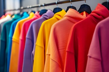 Obraz premium Assorted youth cashmere sweaters, hoodies, and sweatshirts in various colors hanging neatly on a clothes rack.
