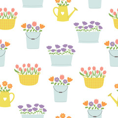 Seamless pattern with flowers in flowerbed, basket and bucket on white background. Template for cards, posters, postcards, prints, wallpaper, fabric. Vector illustration