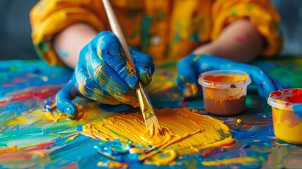 Fototapeta premium Child's hands covered in vibrant paints, creating abstract art on paper, showing creativity and tactile learning.