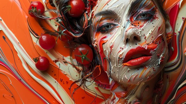 An avant-garde makeup design on a woman's face, incorporating elements of tomatoes and vibrant paint swirls to create a surreal and provocative visual statement.