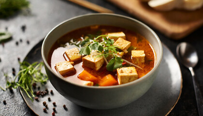 Bowl of spicy tofu soup. Tasty Korean dish. Traditional Asian food.