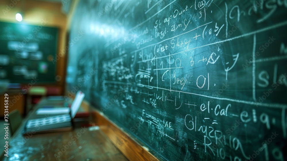 Poster close-up of a blackboard filled with complex mathematical equations and formulas in an educational s