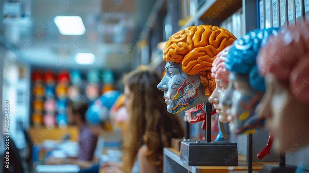 Poster anatomical models of human brains in focus, with students learning in the background of a science cl