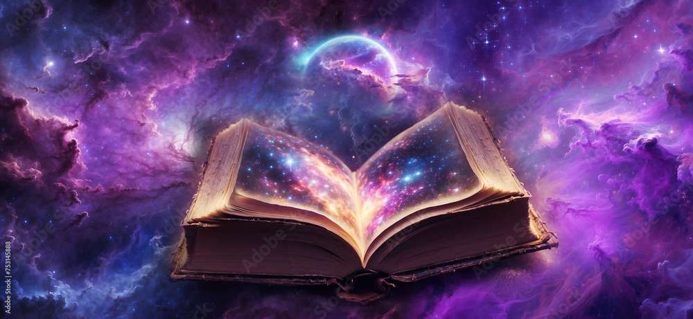 Canvas Prints old antique magic book with planet nebula and galaxy over universe background like fantasy, esoteric