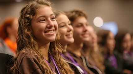 Obraz premium A group of smiling teenagers wearing event badges, actively participating in an engaging educational seminar.