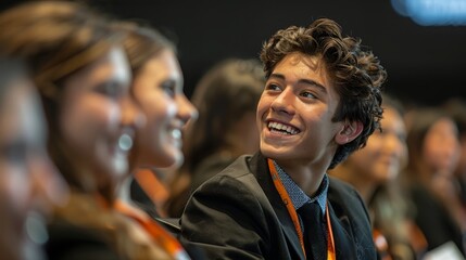 A teenage boy with a joyful smile engaging with peers at an interactive youth leadership conference.