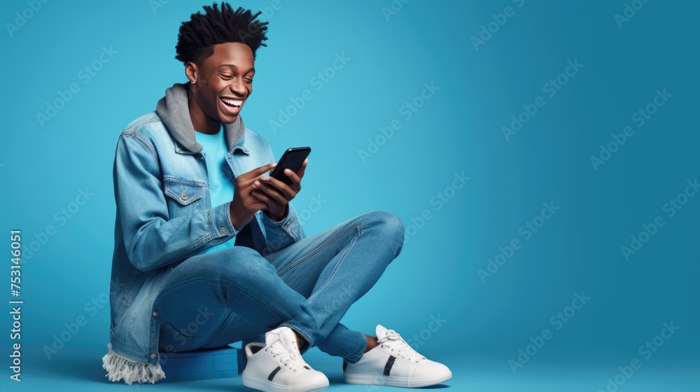 Canvas Prints young guy smiling holding a smartphone sitting on a blue background