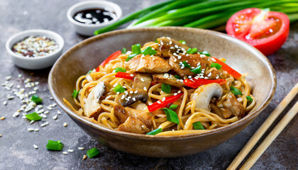 Stir fry noodles with chicken slices, red paprika, mushrooms, soy sauce and sesame seeds. Asian dish. - obrazy, fototapety, plakaty