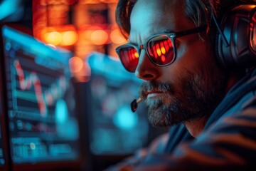 A side profile shot of a person engrossed in work with headphones, surrounded by screens with data...