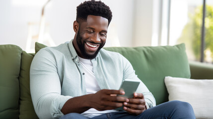 Happy man using a smartphone while comfortably seated on a couch