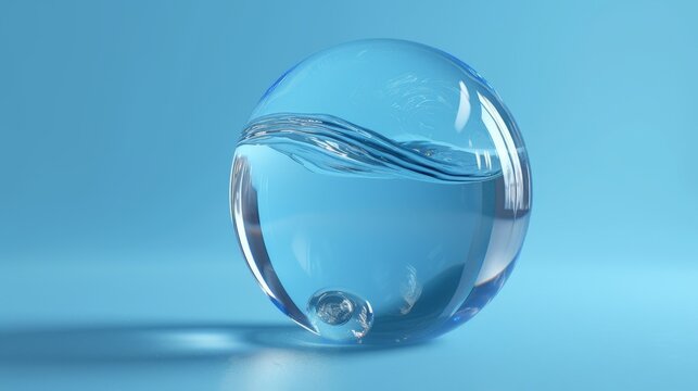 Blue transparent water drop sphere 3D rendering, 3D rendering, solid color background, conceptual.