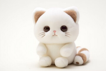 Cute cartoonish kitten plushie, nestled against a clean white backdrop, radiating warmth and coziness.