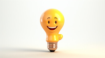 Cute cartoonish light bulb character, glowing with bright ideas and creativity against a clean white background, ready to illuminate your thoughts.