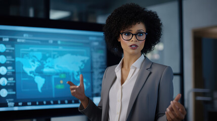 Obraz premium Woman with curly hair and glasses pointing towards a data chart on a screen, giving a business presentation or analysis.