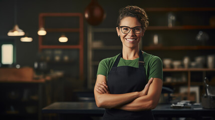 Smiling woman in safety glasses and a green work apron, with several other workers in similar uniforms blurred in the background