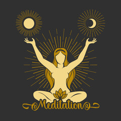 Silhouette of Meditating Young Girl with Sun and Moon Symbol Yoga Concept