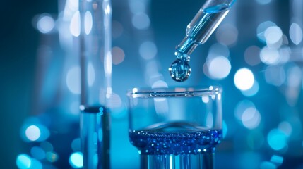 Drop blue liquid and droplet laboratory for science test , lab chemical study and medical concept background.