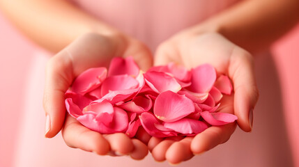 There are many delicate rose petals in a woman's hands