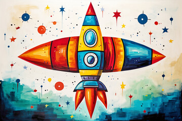 Whimsical cartoonish rocket ship, with colorful stripes and a smiling face, against a blank white canvas, inspiring dreams of space exploration.