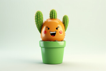 Cute cartoonish cactus character, with a smiling face and prickly arms, against a pristine white backdrop, symbolizing resilience and charm.