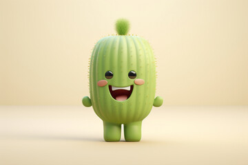 Cute cartoonish cactus character, with a smiling face, positioned against a pristine white backdrop, radiating quirky charm.