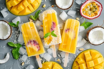 mango, passionfruit and coconut macadamia popsicles, on ice cubes against grey background, passion fruit, coconut, mint leaves - obrazy, fototapety, plakaty