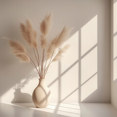 A bouquet of dry pampas grass in a vase against a beige wall. Monochrome image with space for text.