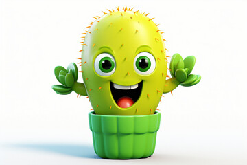 Cute cartoonish cactus character, with a smiling face, positioned against a pristine white backdrop, radiating quirky charm.