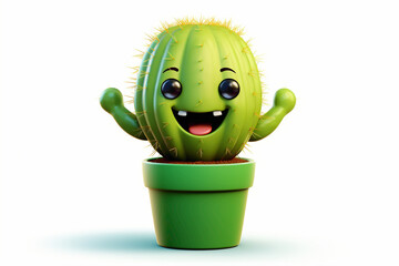 Cute cartoonish cactus character, with a smiling face and prickly arms, against a pristine white backdrop, symbolizing resilience and charm.