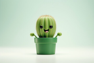 Cute cartoonish cactus character, with a smiling face and prickly arms, against a pristine white backdrop, symbolizing resilience and charm.