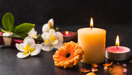 Obraz na płótnie Canvas Beautiful composition with flowers and burning candles. Aromatherapy and relax in spa and home